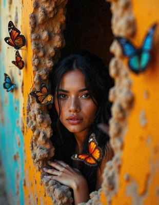 The primary subject of the image is a woman with long hair, who is peeking out from behind a wall. The setting is a room with a yellow wall, and the visual style appears to be a photo. The woman's hair is in a ponytail, and she is surrounded by butterflies, which are the dominant colors and overall atmosphere of the image.